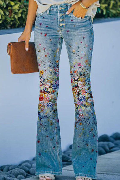 Women's casual floral pocket regular denim jean