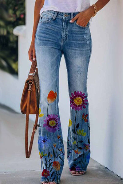 Women's casual floral pocket regular denim jean