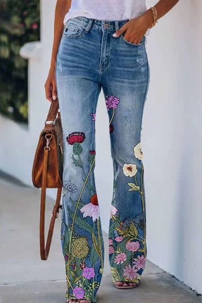 Women's casual floral pocket regular denim jean