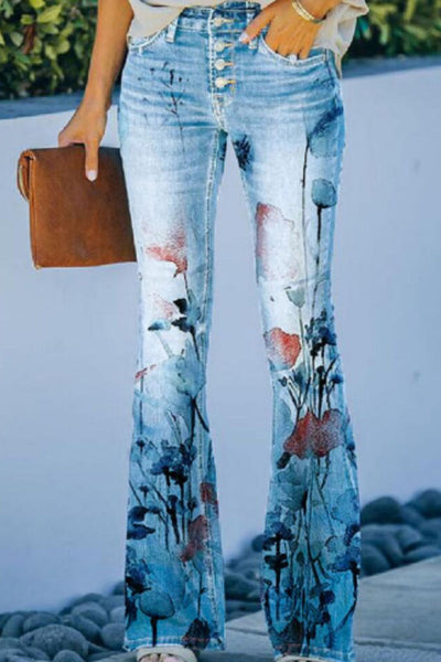 Women's casual floral pocket regular denim jean