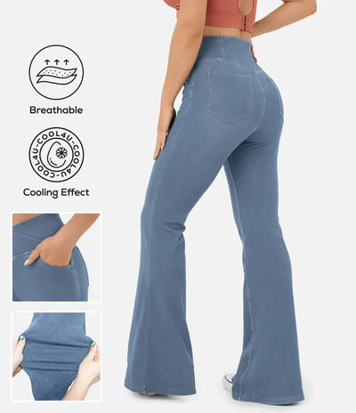 Women's elasticated flared jeans with high waist