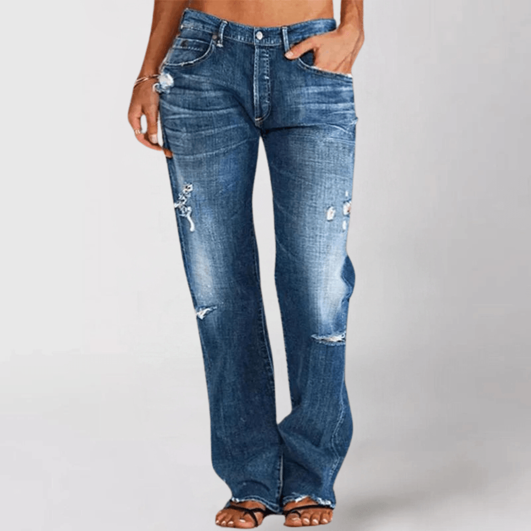 Women's Bootcut Jeans - Distressed Denim - Mid-Rise Stretch - Casual Five-Pocket Style