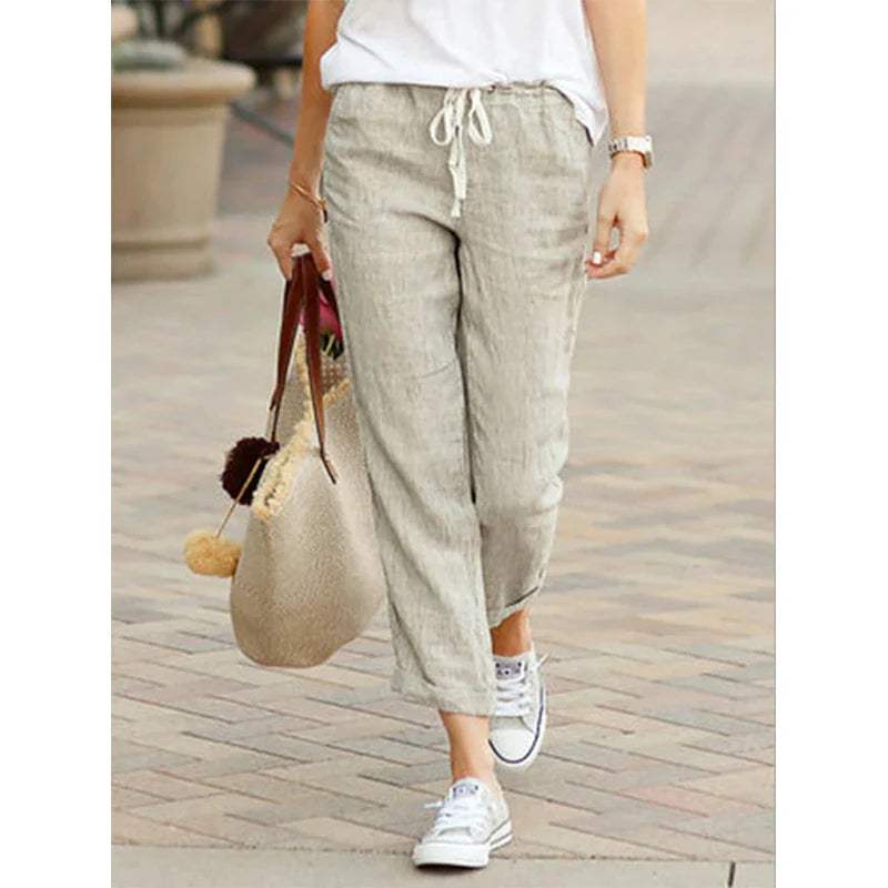 Women's Casual Pants - Relaxed Fit - Cropped Length - Drawstring Waist - Breathable Fabric