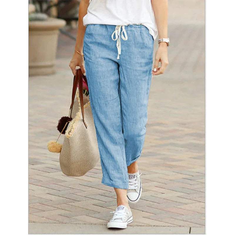 Women's Casual Pants - Relaxed Fit - Cropped Length - Drawstring Waist - Breathable Fabric