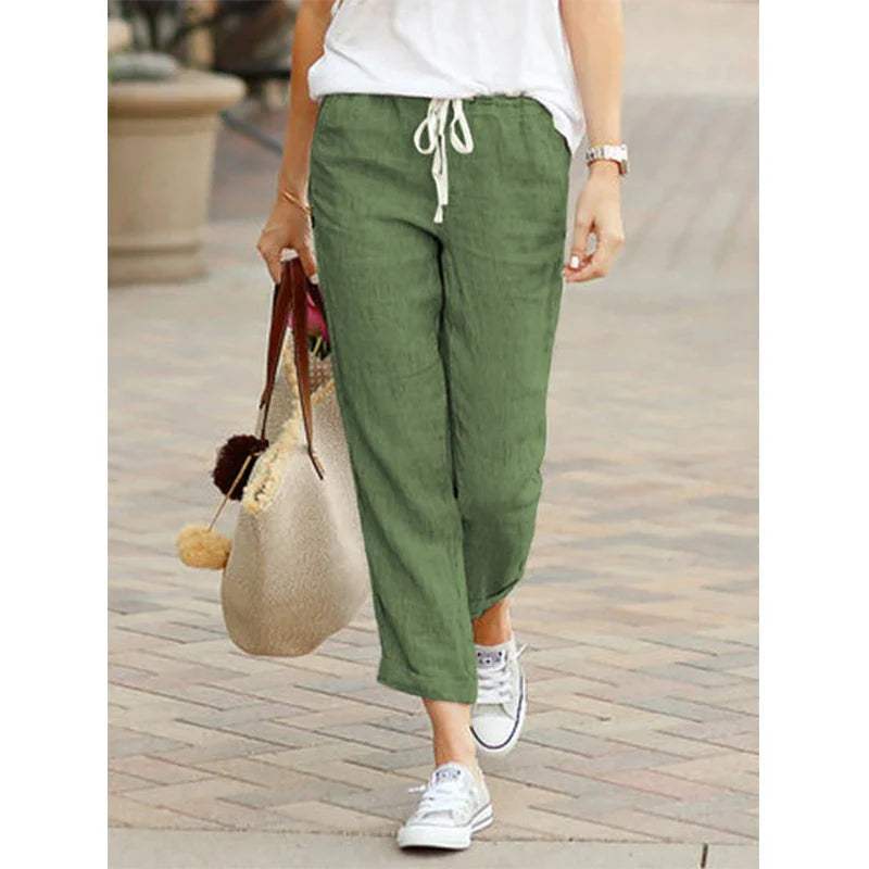 Women's Casual Pants - Relaxed Fit - Cropped Length - Drawstring Waist - Breathable Fabric