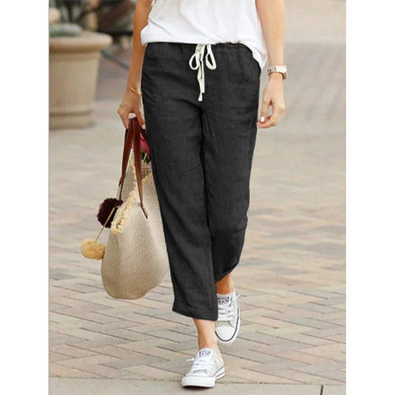 Women's Casual Pants - Relaxed Fit - Cropped Length - Drawstring Waist - Breathable Fabric