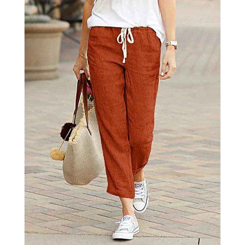 Women's Casual Pants - Relaxed Fit - Cropped Length - Drawstring Waist - Breathable Fabric