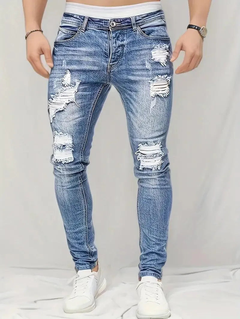 Men’s Skinny Jeans - Distressed Ripped Denim - Slim Fit Stretch - Casual Streetwear