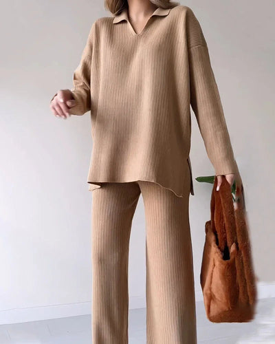 Women's Knit Loungewear Set - V-Neck Sweater & Flared Pants - Ribbed Soft Fabric