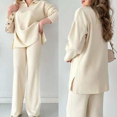 Women's Knit Loungewear Set - V-Neck Sweater & Flared Pants - Ribbed Soft Fabric