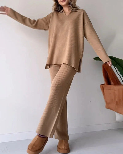 Women's Knit Loungewear Set - V-Neck Sweater & Flared Pants - Ribbed Soft Fabric