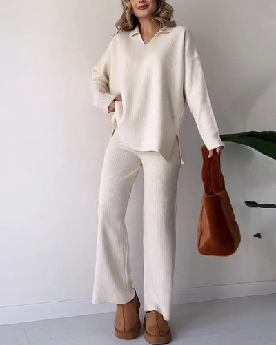 Women's Knit Loungewear Set - V-Neck Sweater & Flared Pants - Ribbed Soft Fabric