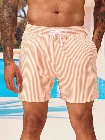 Men’s Swim Trunks - Striped Pattern - Elastic Waistband with Drawstring - Quick-Dry