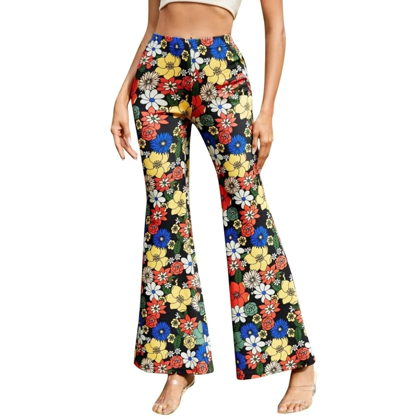 Women's Flared Pants - High Waist - Floral Print - Stretchy Lightweight Fabric