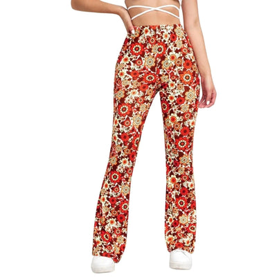 Women's Flared Pants - High Waist - Floral Print - Stretchy Lightweight Fabric