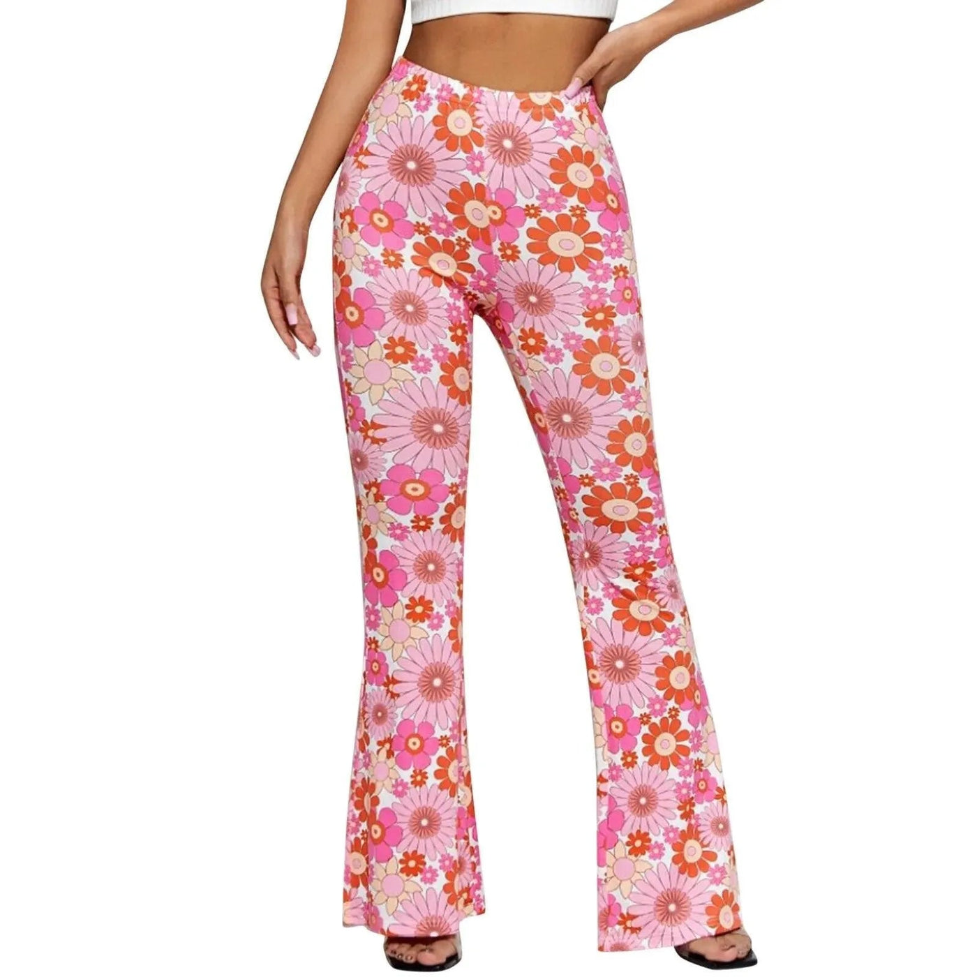 Women's Flared Pants - High Waist - Floral Print - Stretchy Lightweight Fabric