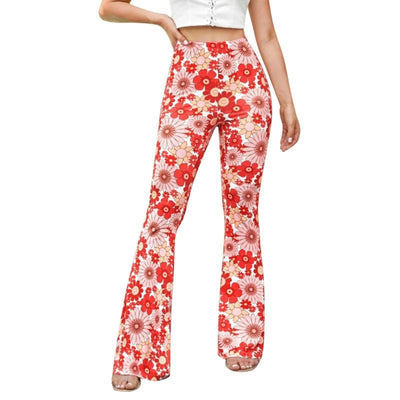 Women's Flared Pants - High Waist - Floral Print - Stretchy Lightweight Fabric