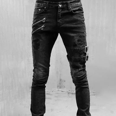 Men's biker pants buckle punk skinny ripped jeans