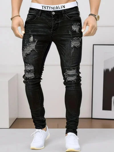 Men’s Skinny Jeans - Distressed Ripped Denim - Slim Fit Stretch - Casual Streetwear