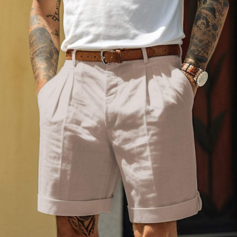 Men’s Tailored Shorts - Cotton Linen Blend - Pleated Front - Cuffed Hem - Breathable Fabric